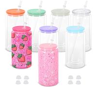 Maucircol 16 Oz Snow Globe Tumbler, 8 Pack Pre-Drilled Sublimation Glass Cup For Glitter Snow Globe Diy with Colorful Lid, Double Wall Sublimation Glass Tumbler