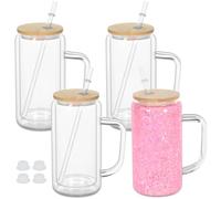 Maucircol 16 Oz Snow Globe Tumbler With Handle, Pre-Drilled Double Wall Snow Globe Glass Cup For Glitter, 4 Pack