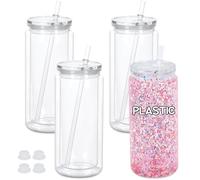 Maucircol 20 Oz Plastic Snowglobe Tumbler, 4 Pack Pre-Drilled Double Wall Acrylic Snow Globe Cup, Plastic Clear Cup for Snowglobe, with Clear Lid