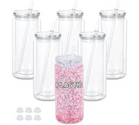 Maucircol 20 Oz Plastic Snowglobe Tumbler, 6 Pack Pre-Drilled Double Wall Acrylic Snow Globe Cup, Plastic Clear Cup for Snowglobe, with Clear Lid