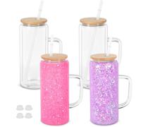 Maucircol 20 Oz Snow Globe Glass Cup With Handle, 4 Pack Pre-Drilled Double Wall Glass Coffee Mug For Snowglobe Diy Glitter, Double Wall Snow Globe Tumbler with Bamboo Lid