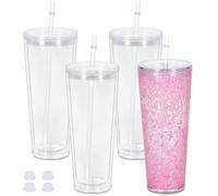 Maucircol 24 Oz Acrylic Snowglobe Tumbler, 4 Pack Pre-Drilled Double Wall Acrylic Clear Cup for Glitter Snow Globe DIY, Double Wall Snowglobe Cup