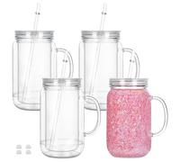 Maucircol 24 Oz Acrylic Snowglobe Tumbler with Handle,4 Pack Pre-Drilled Double Wall Plastic Mason Jar for Glitter Snow Globe Diy, Double Wall Snowglobe Cup with Clear Lid
