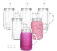 Maucircol 24 Oz Acrylic Snowglobe Tumbler with Handle, 6 Pack Pre-Drilled Double Wall Plastic Mason Jar for Glitter Snow Globe Diy, Double Wall Snowglobe Cup with Clear Lid