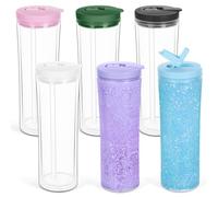 Maucircol 6 Pack 20 Oz Acrylic Snow Globe Tumbler, Duoble Wall Plastic Snowglobe Water Bottle with Pre-Drilled Hole, Leak-Proof Snow Globe Cup for Glitter, Mixed Color