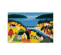 Maud Lewis Folk Art Print of Coastal Landscape with Houses And Bridge, Vintage Canadian Countryside Wall Art Poster Canvas Painting Wall Art Decorative Picture Prints Modern Decor Unframe 08x12inch(2