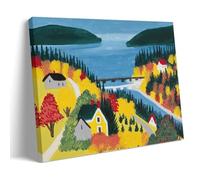 Maud Lewis Folk Art Print of Coastal Landscape with Houses And Bridge, Vintage Canadian Countryside Wall Art Poster Art Print Wall Photo Paint Hanging Picture Family Bedroom Decor Gift Frame 24x36inch