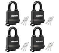 Maudex® IP450 Heavy Duty Padlocks 4-Pack with 12 Keys - Outdoor Weatherproof, Tough Steel Shackle, Durable Rubber Ring with PVC Cover for Gate, Shed, Garage, Fence