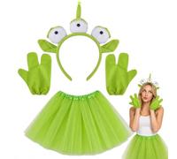 MAUDFEK 3 PCS Alien Headband, Green Story Alien Headband with Tulle Tutu Skirt & Stretch Gloves, Shrek-Themed Dress Up Outfit for Halloween Birthday Parties And Sci-Fi Events
