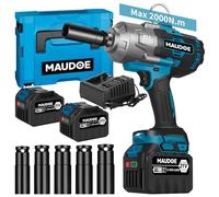 MAUDOE - 2000Nm Cordless Impact Gun, 1/2" 1500 ft lbs Heavy Duty Impact Wrench with 2 x 6.0Ah Batteries and 5 Sockets, 21V Brushless High Torque Electric Gun