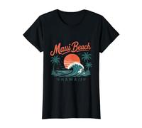 Maui Beach Hawaii Sunset Wave Palm Trees Value Graphic T-Shirt, Women, Black, S