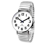 MAUJOY Atomic American English Talking Men's Watch, White Dial with Large Black Font, Bold Hands, Stainless Steel Elastic Strap, Automatic Time Adjustment, Analog Voice Speaks Time, 43 mm, classic