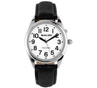 MAUJOY Clear and Loud Voice Mens English Talking Watch Speaks The Time, Date or Alarm time for Elderly, Impaired Sight or Blind. Genuine Leather Band -White Face-Black Numbers