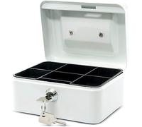 Maul 15.2 x 12.5 x 8.1 cm Cash Box 1 - White | 6-section coin tray,2 keys included,compact size for tills and tips,sturdy painted metal,simple carry handle