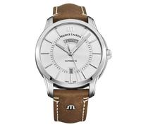 Maurice Lacroix Men's 'Pontos' Silver Dial Leather Strap Automatic Watch in Brown Maurice Lacroix Brown One Size