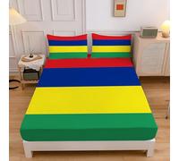Mauritius Flag Print Fitted Sheets For Single Bed, Striped Geometric Microfiber Fitted Bed Sheets Soft Breathable Fade Resistant Bedding With Deep Pocket 30 Cm, Blue And Yellow