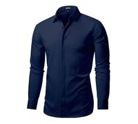 Mauro Kane Men's Formal Dress Shirt Hidden Button Long Sleeve Shirt Business Casual Solid Shirts Regular Fit, Dark Blue-S