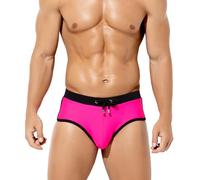Mauro Kane Men's Sexy Low Rise Swim Briefs Color Clash Swimsuits Board Surf Bikini Bottom Swimwear with Drawstrings,Rose Red,Small