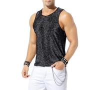 Mauro Kane Mens Shiny Sequin Tank Tops Sparkle Vests Glitter Sleeveless Disco Gold Shirt Rave Party Nightclub Sexy Metallic T-Shirt,Black-S