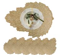 Mausouca Vinyl Placemats Sets of 6,Metallic Place Mat Washable Heat Resistant Vinyl Table Centerpiece mats for Kitchen Dining Wedding Christmas party Decor (Gold leaf shape, 45cm X 33cm)
