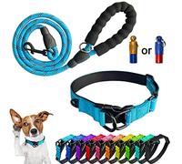 Mauts Reflective Dog Collars and Lead Set Adjustable dual D breathable collar with soft rubber pad for added comfortfor Large Medium Small Dogs (3 Pcs) (Blue, Large)