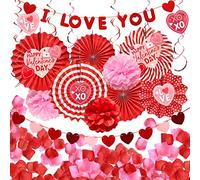 Mauts Valentines Decorations Love Paper Fan Flower Set with Simulated Petals and a Love Card for Valentine's Day Decoration Party (red)