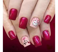 Mauve Glitters Valentines Day Fake Nails 24PCS Squares Shape with Flame & Envelope Heart Patterns Plums Glossy False Nails