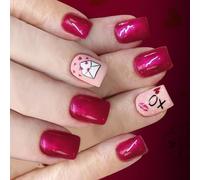 Mauve Glitters Valentines Day Fake Nails 24PCS Squares Shape with Flame & Envelope Heart Patterns Short Square Press on Nail