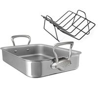Mauviel Polished Stainless Steel Roasting Pan With Rack, Brushed Cast Stainless Steel Handles, 15.7 x 11.8-in, Made In France