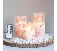 Mavandes Flameless Flickering Glass Candles with Remote and Timer,Cherry Blossoms LED Battery Operated Real Wax Set of 3 Moving Wick Electric Pillar Candles,Warm Fire(3 x 4, 5, 6 Inches)