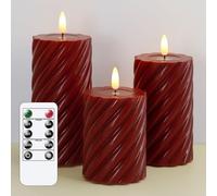 Mavandes Flameless LED Candles with Remote Control, Wine Red, Battery Operated, Flickering Pillar 3 Pack Real Wax Timer Candles (7.5 x 10.12.5.15 cm)