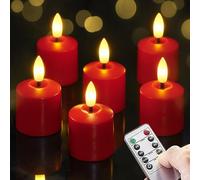 Mavandes Small Flickering Tea Light Flameless LED Candles with Batteries and Remote, 4cm x 6.5cm Red 2/4/6/8hrs Timer Votive Battery Operated Pillar Plastic Long Lasting Pack of 6 Tealight Candles