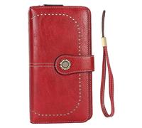 Mavaol RFID Blocking Leather Wallet Large Capacity Double Snap Button Women Wallet with Removable Wrist Strap (Wine Red)