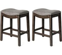 Maven Lane Adrien 66 Cm Counter Height Upholstered Backless Saddle Barstool In Dark Walnut Finish With Ash Grey Fabric Set Of 2