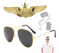 Maverick Costume Men, 3 Piece Pilot Dress Set with Black Aviator Sunglasses, Gold Wings Badge, Maverick Fancy Dress,Military Dog Tags, VE Day Costume for Men, Perfect for Parties, Cosplay, Halloween