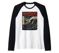 Mavericks Half Moon Bay Big Wave Surfing Japanese Poster Art Raglan Baseball Tee