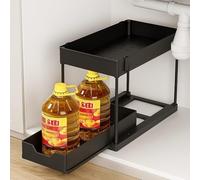 Maveriq 2 Pack Under Sink Organizer - 2 Tier Pull Out Cabinet Storage Shelf with Hooks - Bathroom Cleaning Supplies & Kitchen Spices Rack, Space Saver & Cupboard Organizer