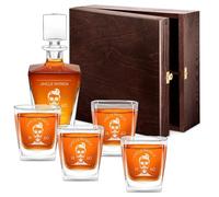 Maverton Carafe and 4/6 Glasses for man, Engraved Glassware, Moustache