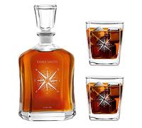 Maverton Classic Bourbon Whiskey Decanter Capitol Set with 2/4/ 6 Glasses - You can Personalise Tumblers as Gift - 700 ml Universal Carafe - Gift for Couple - Compass