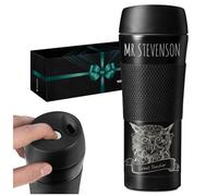 Maverton Engraved Travel Mug for him, Coffee and Tea Cup for Man, Owl | Personalized Black Tumbler with Non-Slip Headband, Stainless Steel Insulated Cup for Birthday, for Coffee Lover
