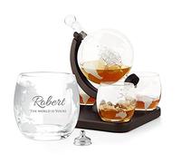 Maverton Globe Whiskey Decanter Set with 4 Glasses - 850 ml Carafe with Ship Inside - You can Personalise Tumblers as Gift for Men - The World is Yours