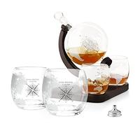Maverton Globe Whiskey Decanter Set with 4 Glasses - 850 ml Carafe with Ship Inside - You can Personalise Tumblers for Gift for Couple - Compass
