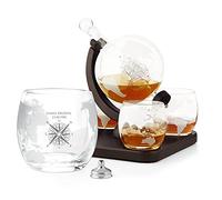Maverton Globe Whiskey Decanter Set with 4 Glasses - 850 ml Carafe with Ship Inside - You can Personalise Tumblers as Gift for Women - Compass