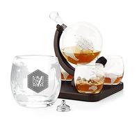 Maverton Globe Whiskey Decanter Set with 4 Glasses - 850 ml Carafe with Ship Inside - You can Personalise Tumblers as Gift for Women - Muster