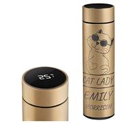 Maverton Gold Travel Mug with Engraving for Woman - 450 ml Vacuum Insulated Flask - Personalised Tumbler with LED Temperature Display - Gadget for Birthday - Tea Mug for her - CAT Lady