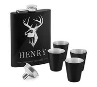 Maverton Hip Flask with Funnel for Man - Engraved Matt Pocket Flask for Connoisseur - Stainless Steel Pocket Bottle with 4 Cups for Friend - Customised Item for Birthday - Deer