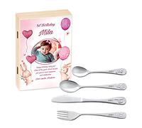 Maverton Kids Silverware in a Wooden Box - Personalised Animals Cutlery Set - Stainless Steel Engraved Utensil Set - for Girls - Wonderland