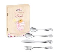 Maverton Kids Silverware in a Wooden Box - Personalised Animals Cutlery Set - Stainless Steel Engraved Utensil Set - for Girls - Angel
