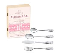 Maverton Kids Silverware in a Wooden Box - Personalised Animals Cutlery Set - Stainless Steel Engraved Utensil Set - for Girls - Fork