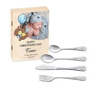 Maverton Kids Silverware in a Wooden Box - Personalised Animals Cutlery Set - Stainless Steel Engraved Utensil Set - for Boys - Dream